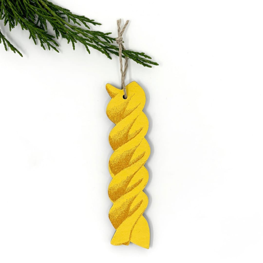 "Wooden Silkscreen Fusilli Pasta Ornament" - Ornaments in yellow by Shannon Broder