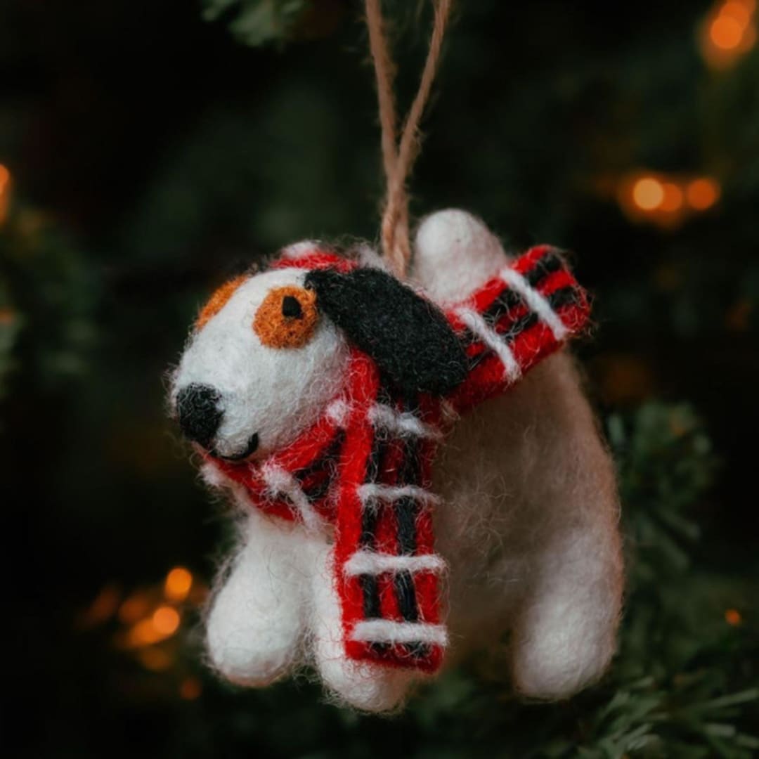 "Felt Holiday Scarf Bull Terrier Dog Ornament" - Ornaments in white by Aahlada Chennupati
