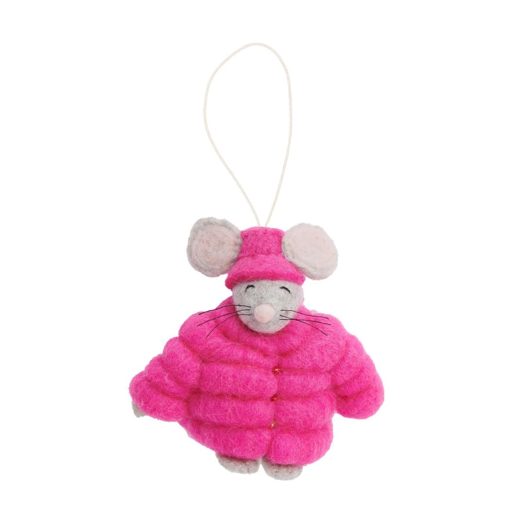 "Felt Puffer Coat Mouse Ornament-Pink" - Ornaments in pink by Global Goods Partners
