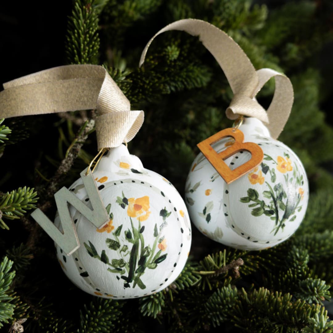 "Set of 2 Green and Indian Yellow Floral Customized Ornaments" - Ornaments in multicolorassorted-colors by Lottie Aldarwish
