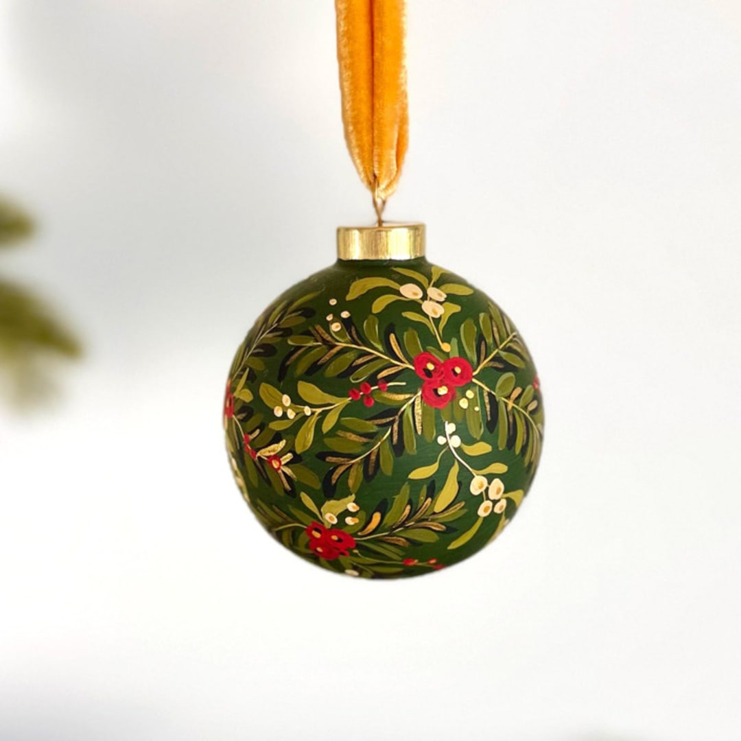 "Holiday Sprigs on Forest Green- Large Round Ornament" - Ornaments in multicolorassorted-colors by Sara Swanson