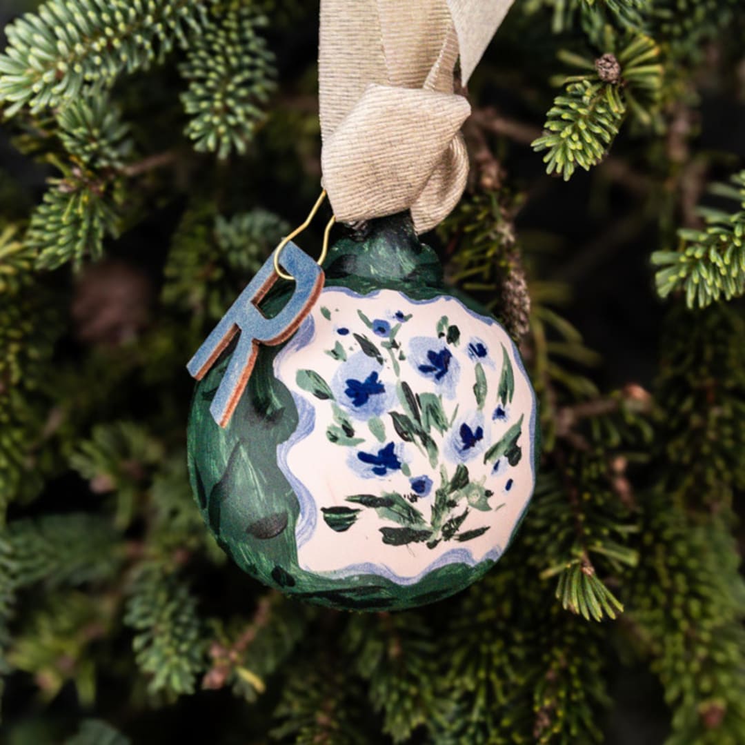 "Green and Blue Floral Customized Ornament" - Ornaments in green by Lottie Aldarwish