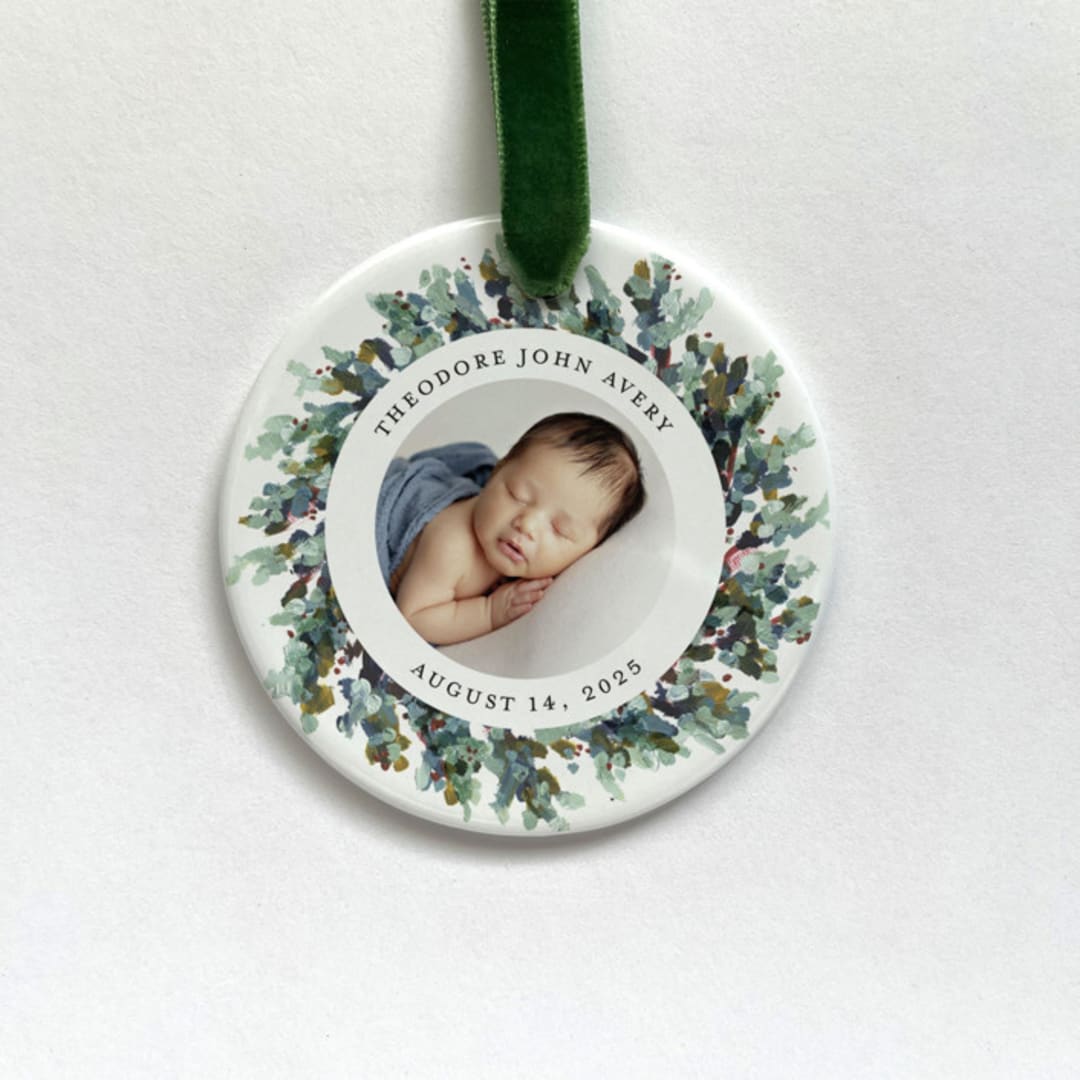 "Personalized Baby Photo Ornament, Painted Wreath" - Ornaments in white by Holly Whitcomb