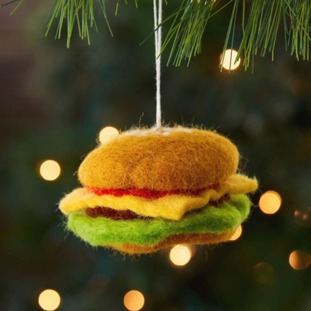 "Felt Hamburger Ornament" - Ornaments in brown by Aahlada Chennupati