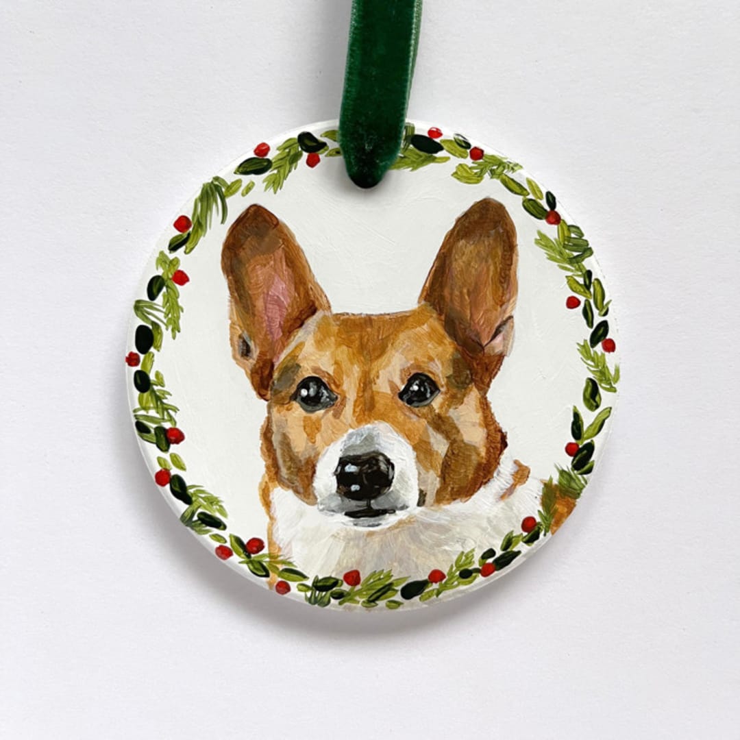 "Hand-Painted Pet Portrait Ornament with Wreath Border" - Ornaments in white by Holly Whitcomb