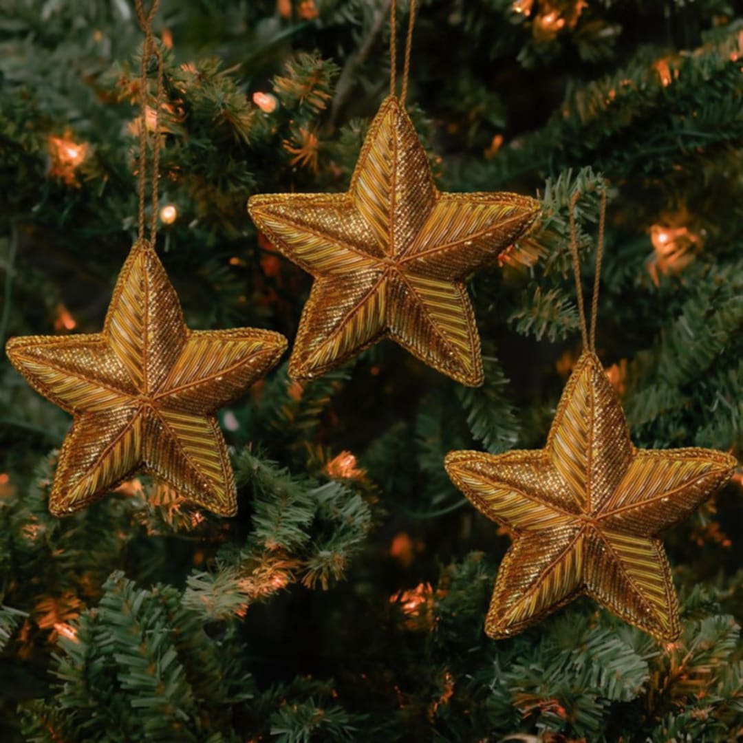 "Gold Zardozi Star Ornament Set" - Ornaments in gold by Aahlada Chennupati