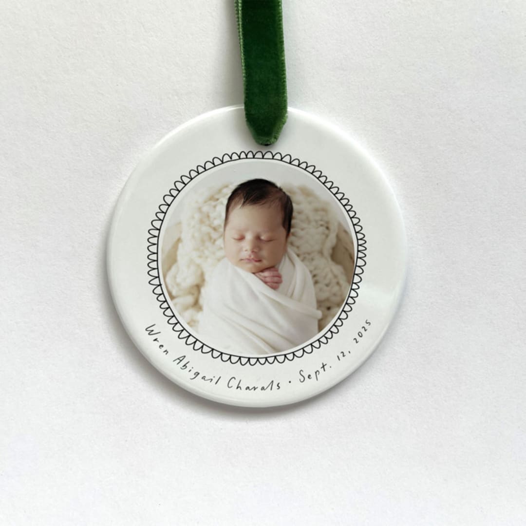 "Personalized Baby Photo Ornament - Scalloped Doodles" - Ornaments in white by Holly Whitcomb