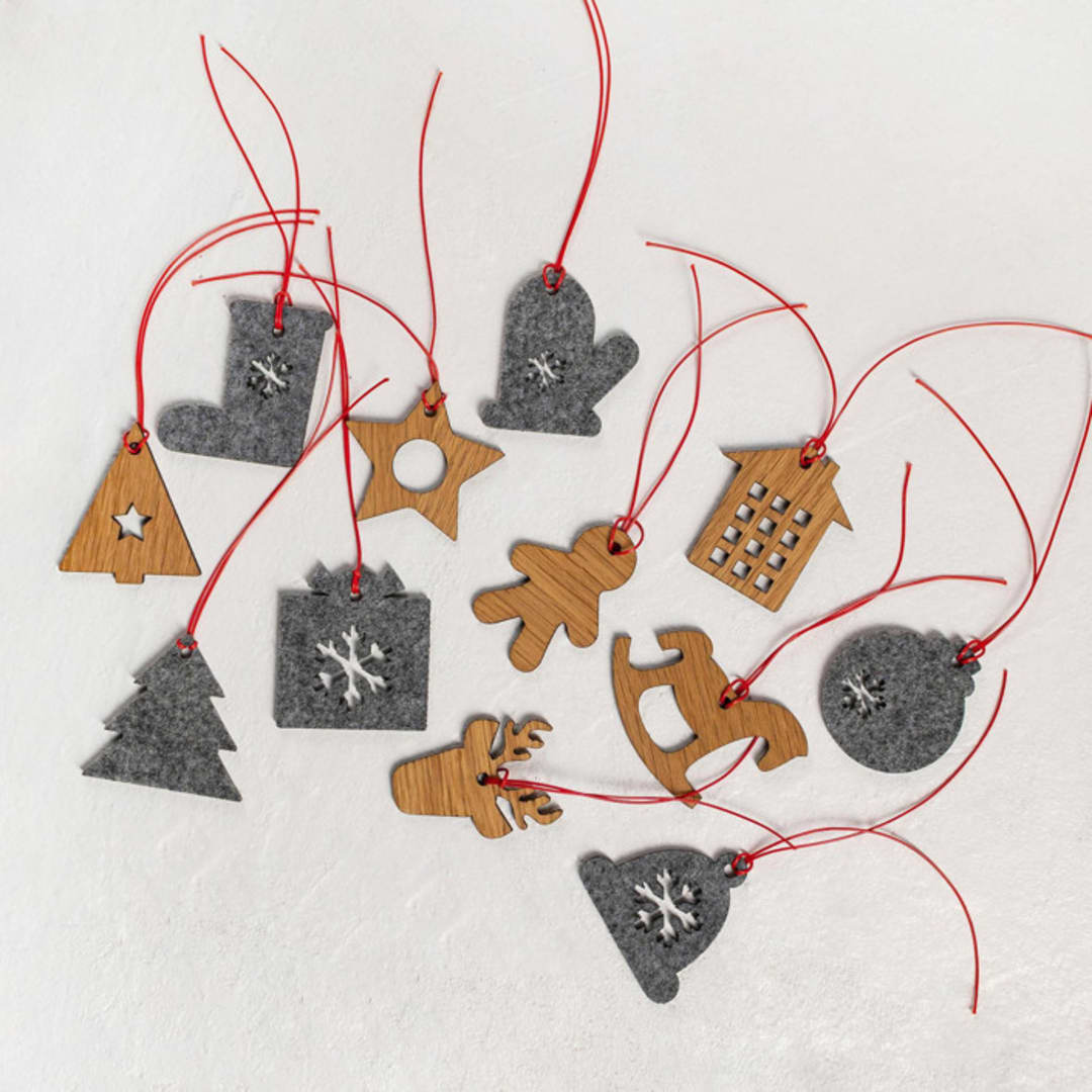 Christmas Decorations from wood and felt, Set of 12 pcs.