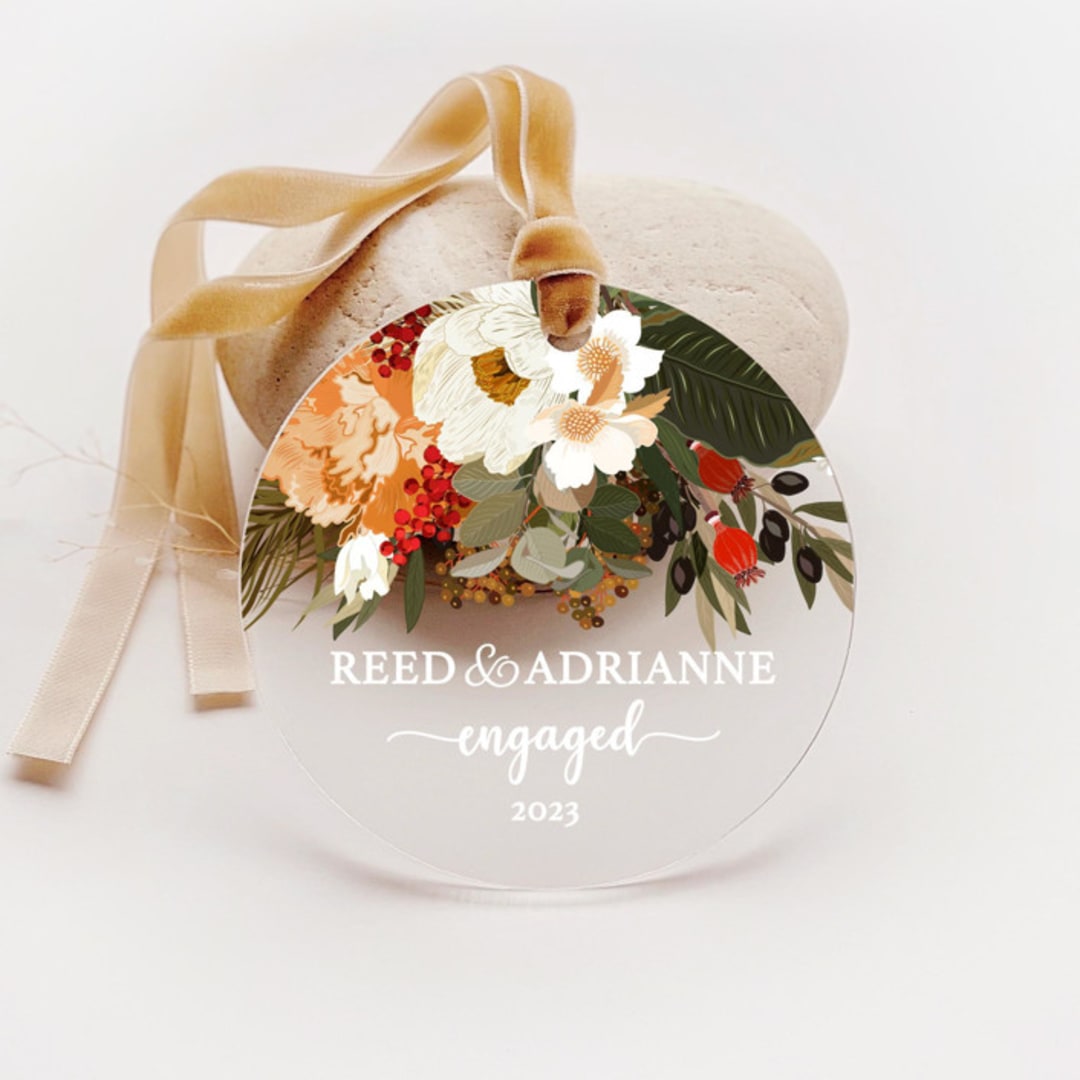 "Personalized Acrylic Fall Peonies Engagement Ornament, Set of 1" - Ornaments in multicolor by Iveta Abolina