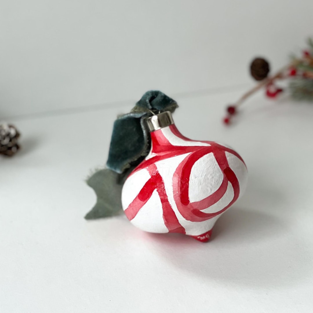 "Red Plant Cell Ornament with Green Ribbon" - Ornaments in red by Mary Gaspar