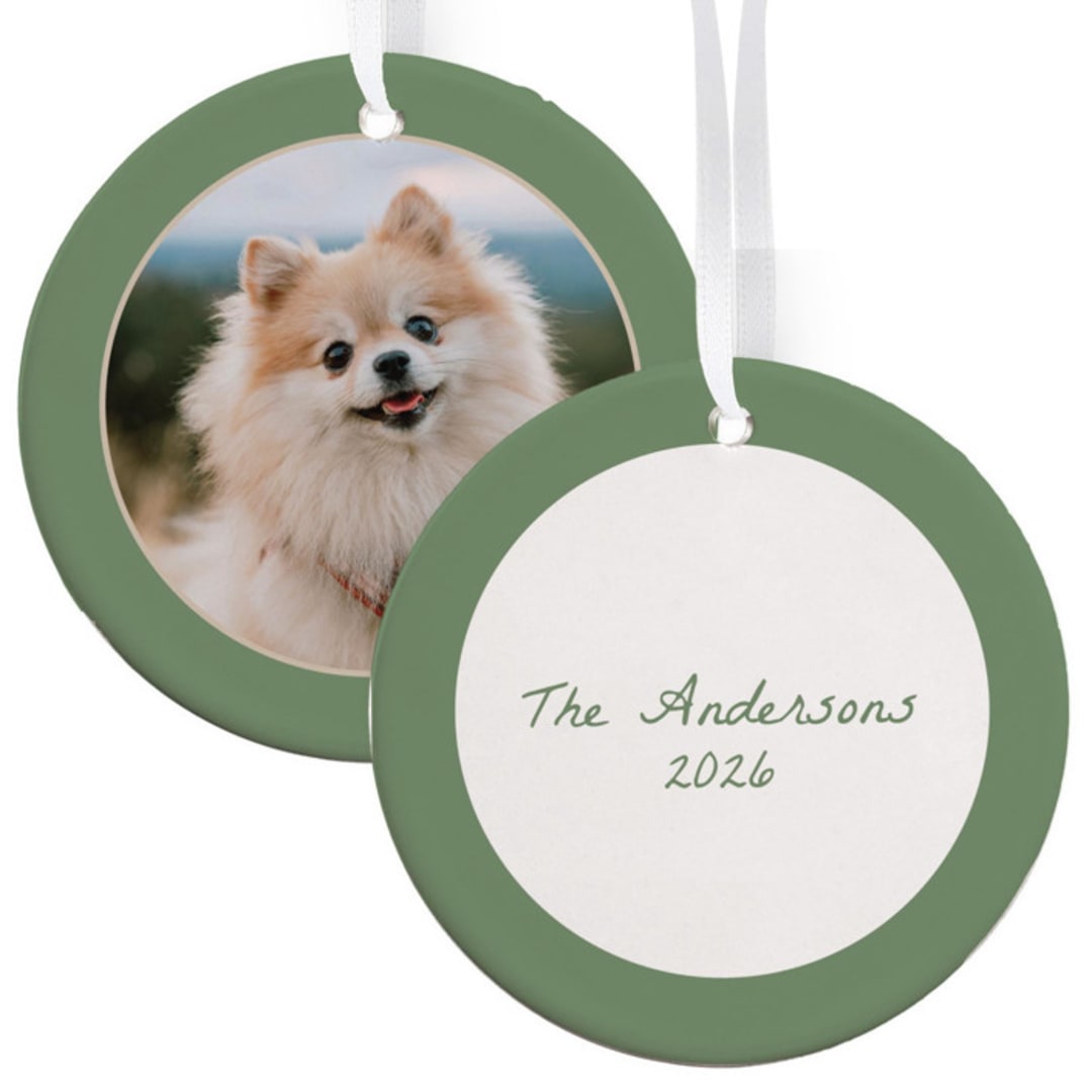 "Green Border with Photo Round Disc Ornament - BR Double Sided" - Ornaments in multicolorassorted-colors by Colin Supple