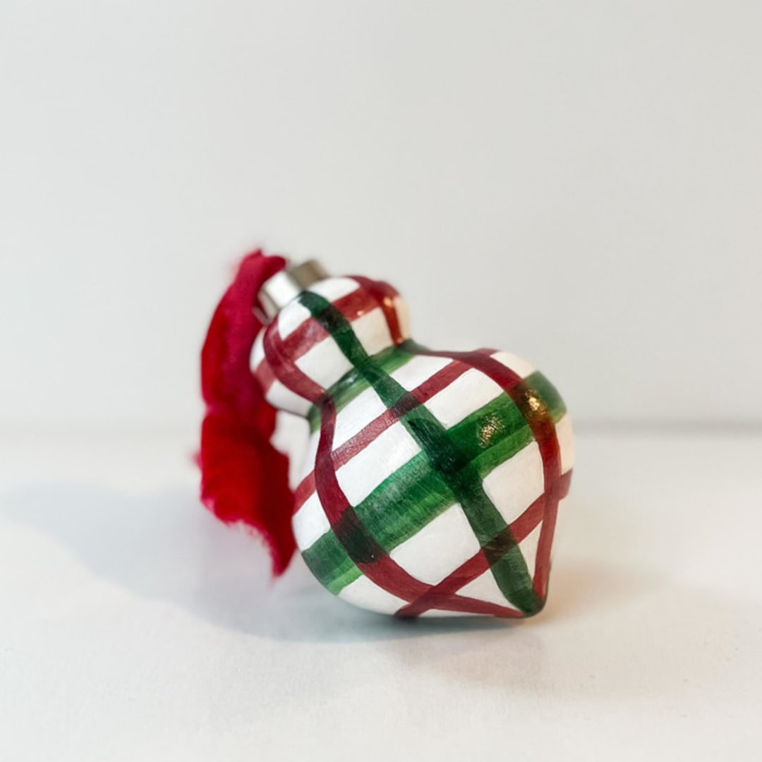 "Plaid Hand painted Red and Green Ornament" - Ornaments in red by Mary Gaspar
