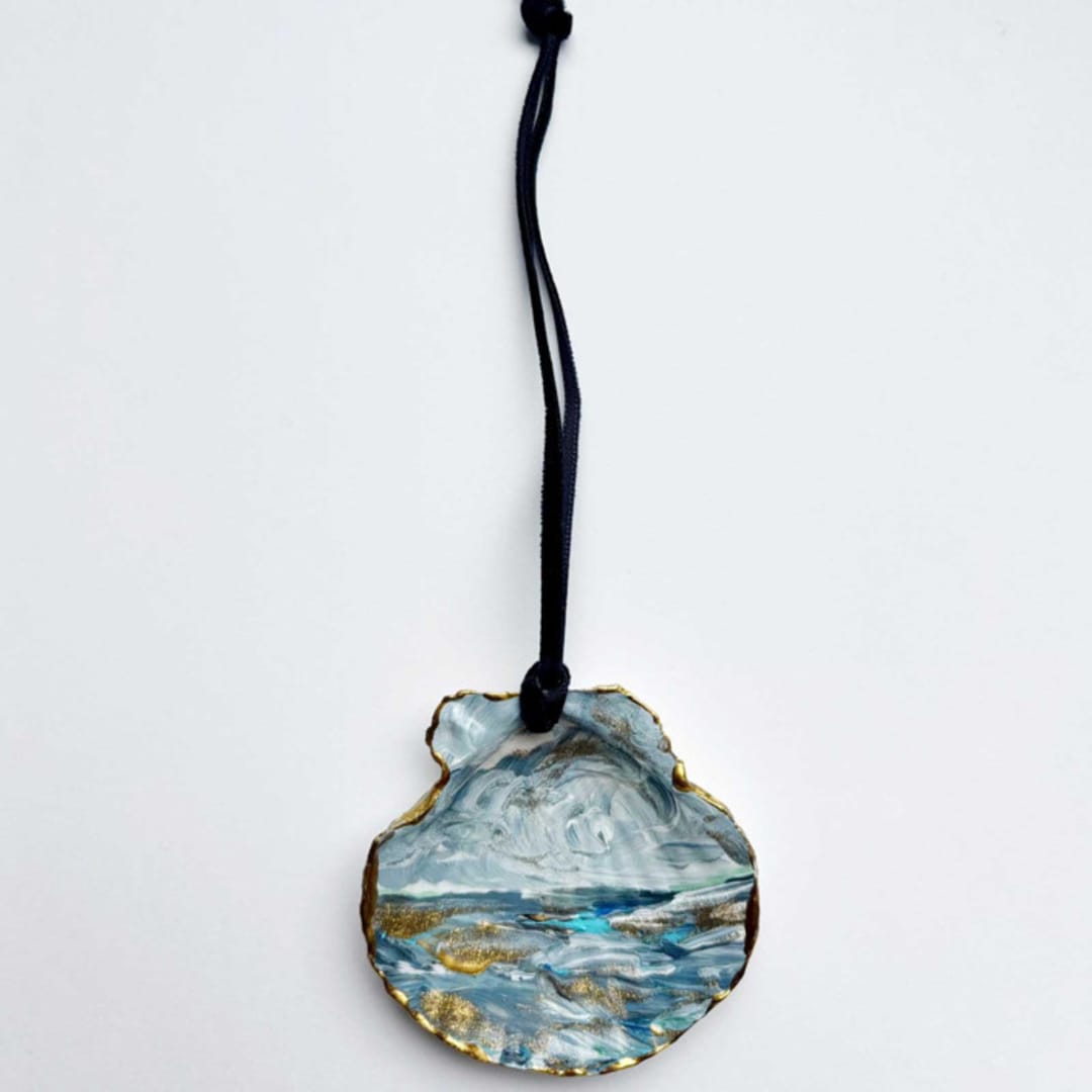 "Original Hand-Painted Natural Seashell Ornament, Blue, Soft Gray & Gold" - Ornaments in blue by Nicoletta Savod