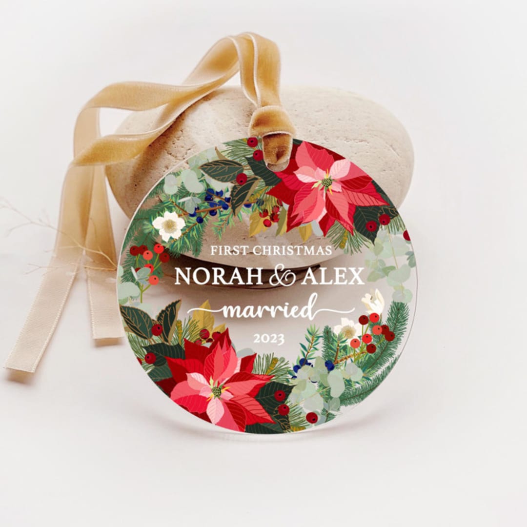 "Personalized Acrylic Poinsettia Christmas Married Ornament, Set of 1" - Ornaments in multicolor by Iveta Abolina