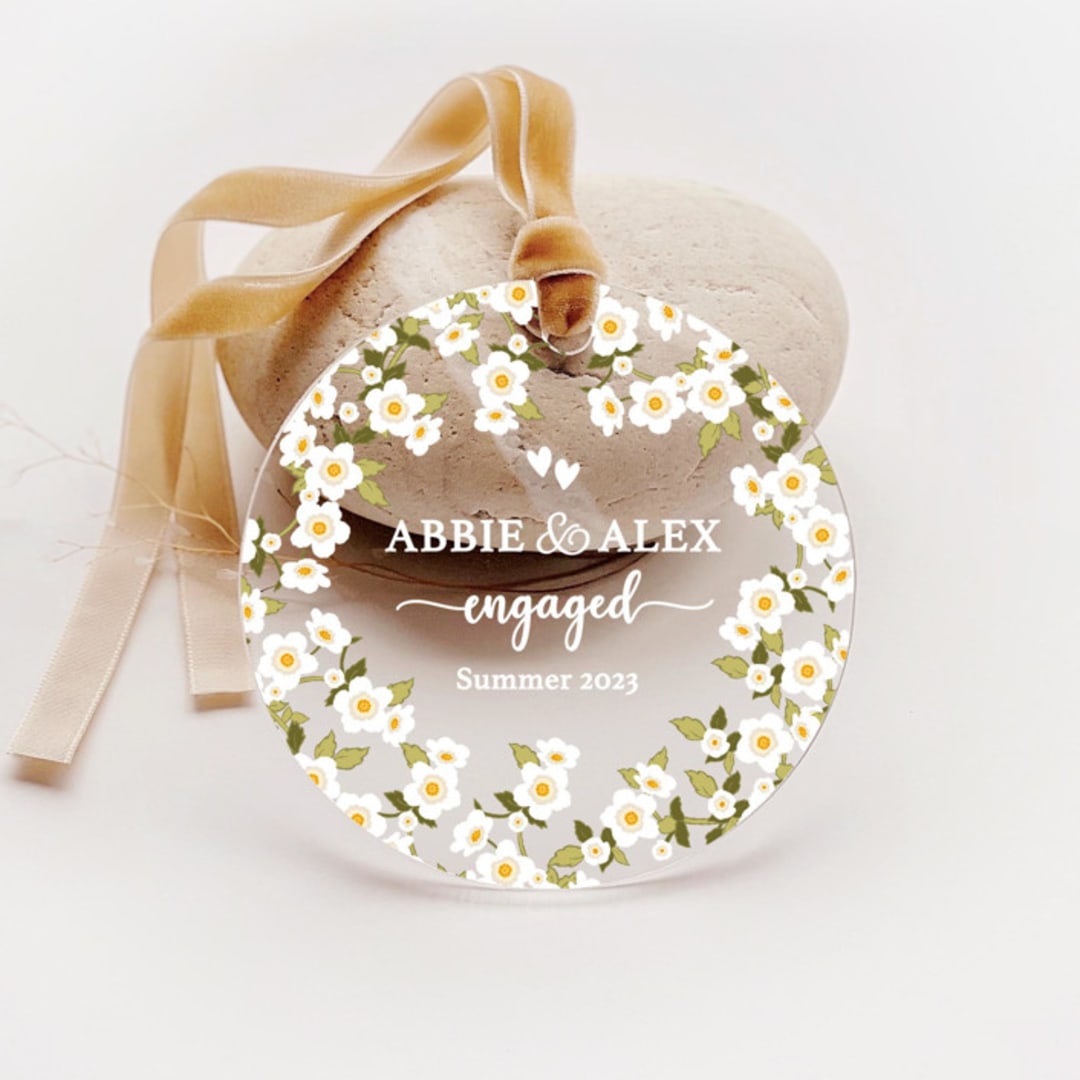 "Personalized Acrylic Spring Florals Engagement Ornament, Set of 1" - Ornaments in white by Iveta Abolina