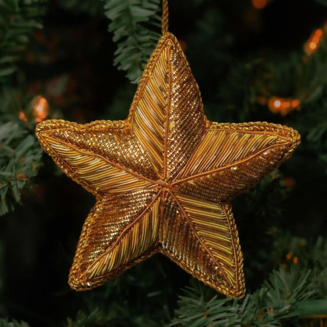 "Gold Zardozi Star Ornament" - Ornaments in gold by Aahlada Chennupati