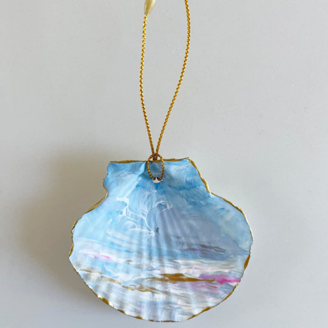 Hand-Painted Natural Seashell Ornament, Blue, Gold & Pink