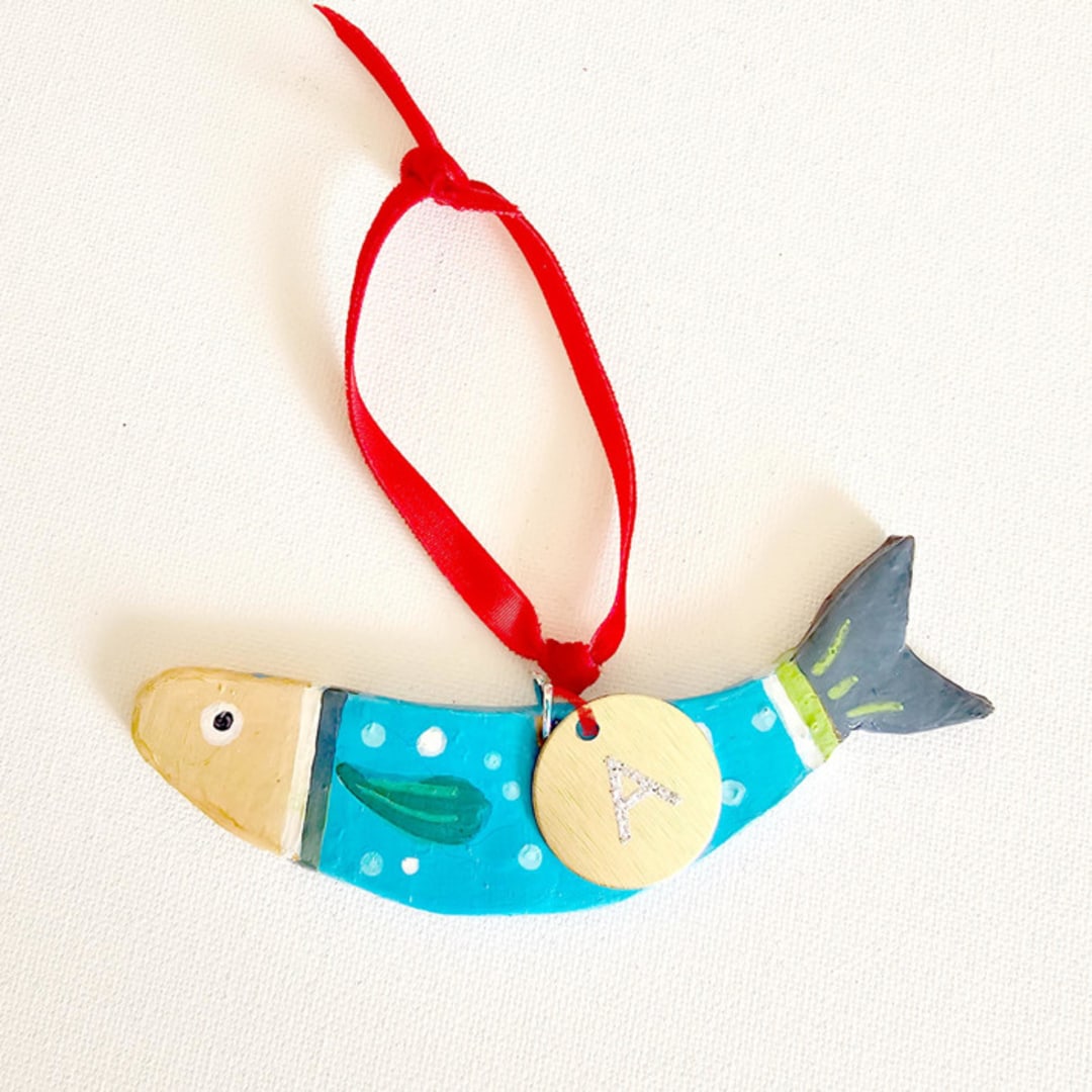 "Personalized, Hand-made Clay Turq. Sardine Ornament" - Ornaments in green by AlisonJerry