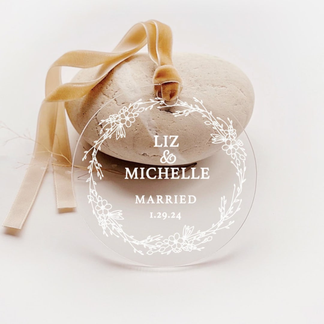 "Personalized Acrylic Floral Wreath Married Ornament, Set of 1" - Ornaments in white by Iveta Abolina