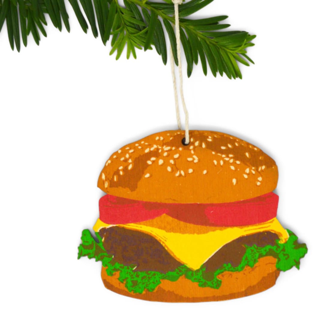 "Wooden Silkscreen Hamburger Ornament" - Ornaments in multicolorassorted-colors by Broderpress
