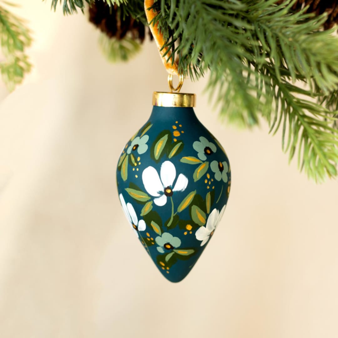 "White and Teal Blooms - Teardrop shaped ornament" - Ornaments in multicolor by Sara Swanson