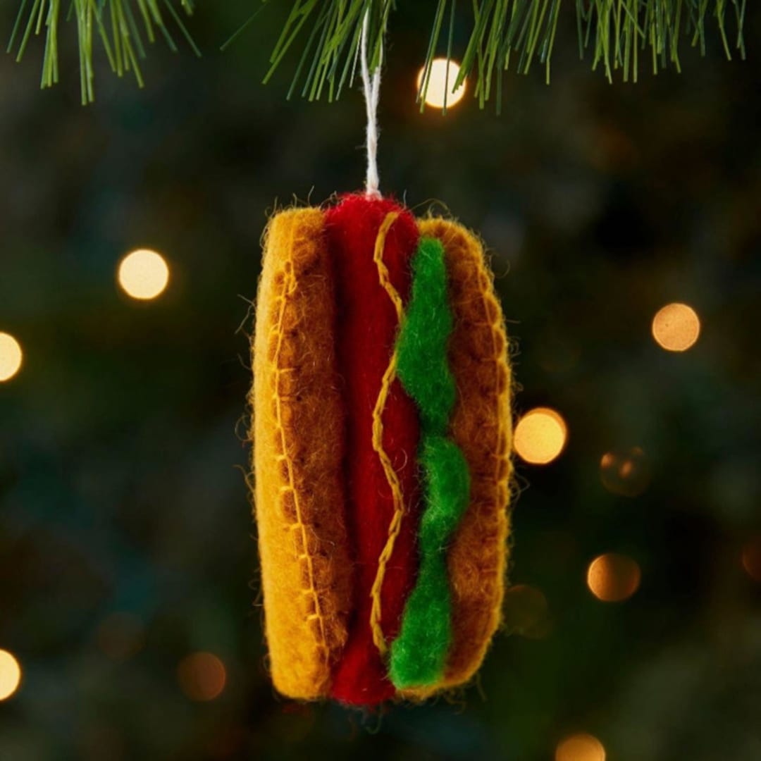 "Felt Hot Dog Ornament" - Ornaments in brown by Aahlada Chennupati