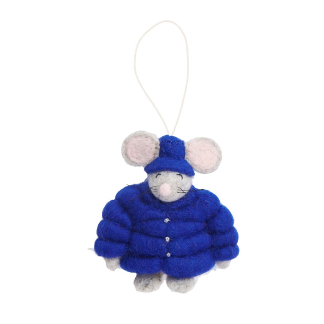 "Felt Puffer Coat Mouse Ornament-Blue" - Ornaments in blue by Global Goods Partners