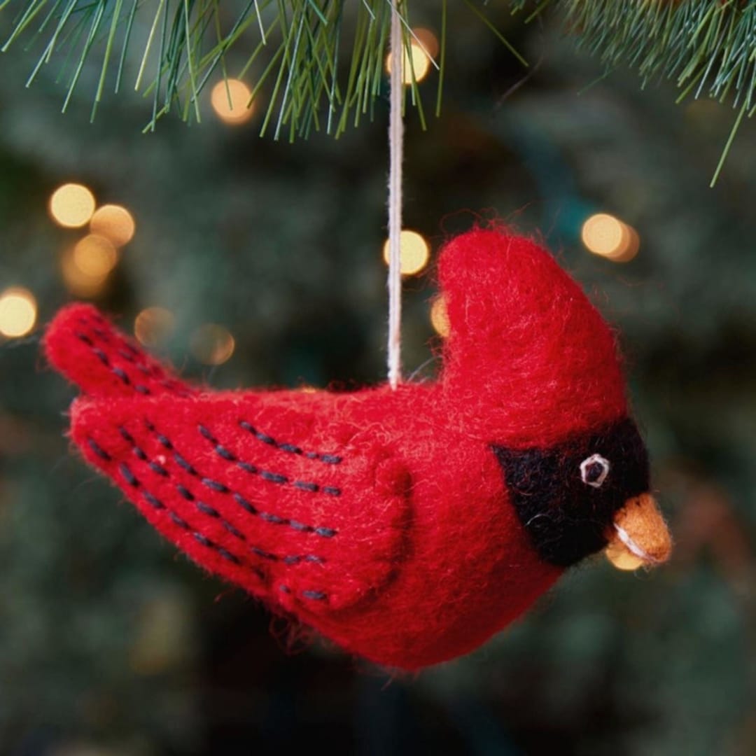 "Felt Cardinal Bird Ornament" - Ornaments in red by Aahlada Chennupati
