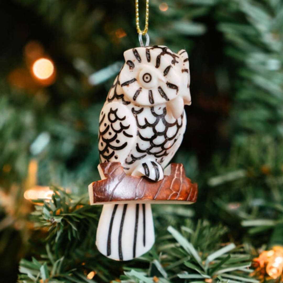 "Mini Tagua Ivory Owl Branch Ornament" - Ornaments in beige by Aahlada Chennupati