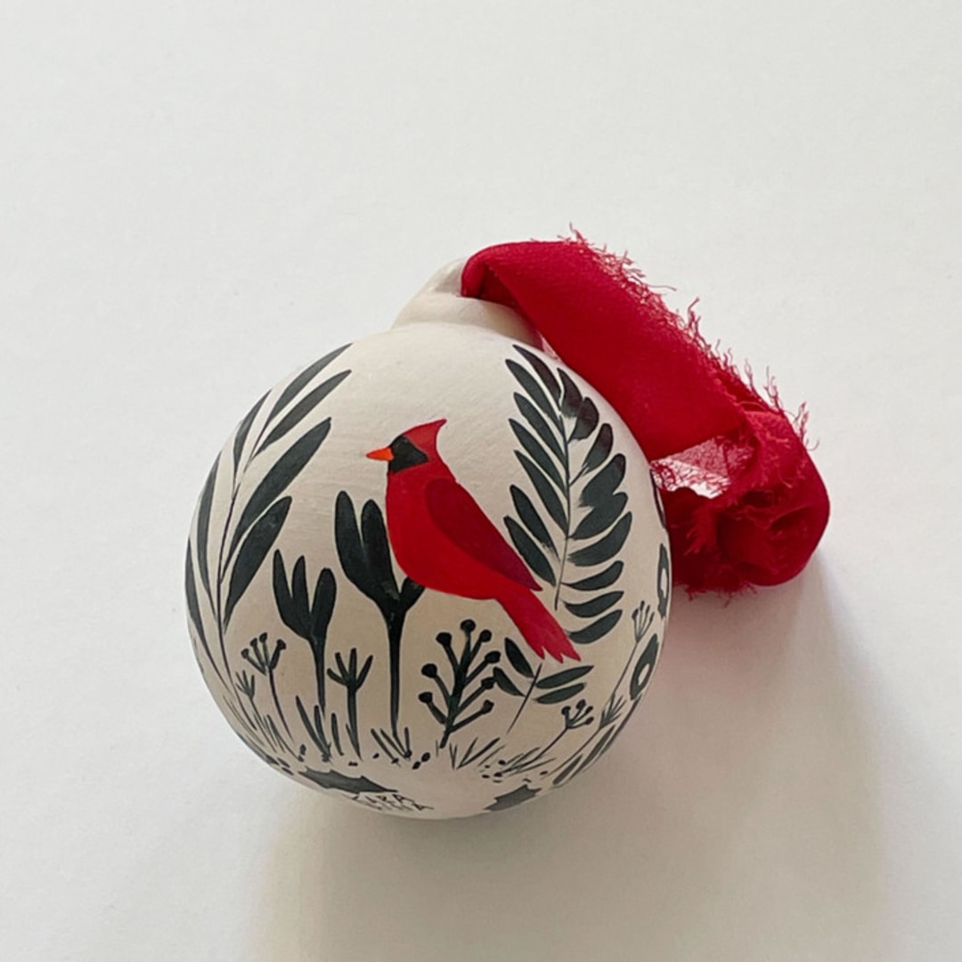 "Red Cardinal Hand-painted Ceramic Ornament" - Ornaments in white by Kara Aina