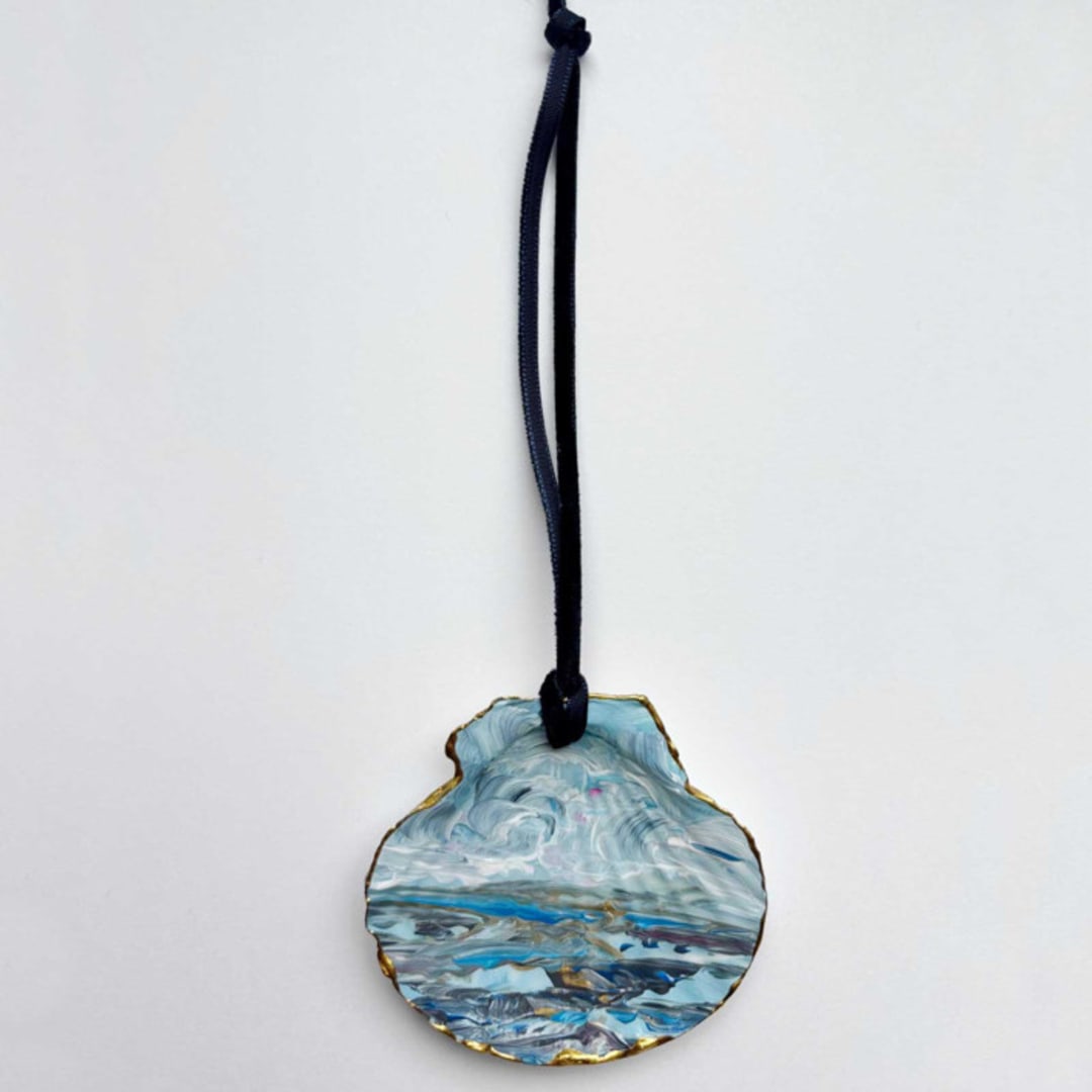 "Original Hand-Painted Natural Seashell Ornament, Aqua Blue, Sepia & Gold" - Ornaments in blue by Nicoletta Savod