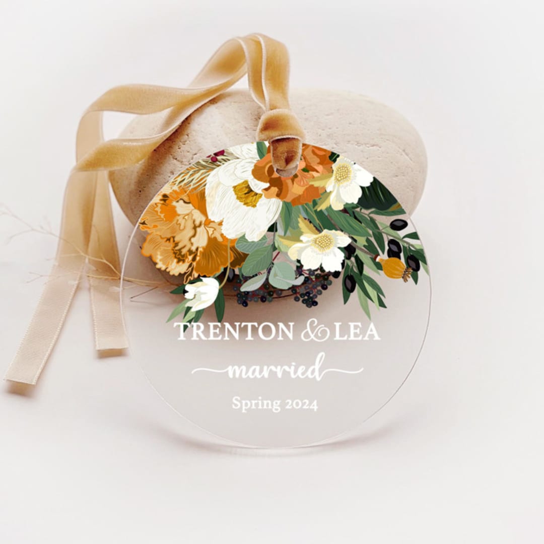 "Personalized Acrylic Peony Bouquet Married Ornament, Set of 1" - Ornaments in multicolor by Iveta Abolina