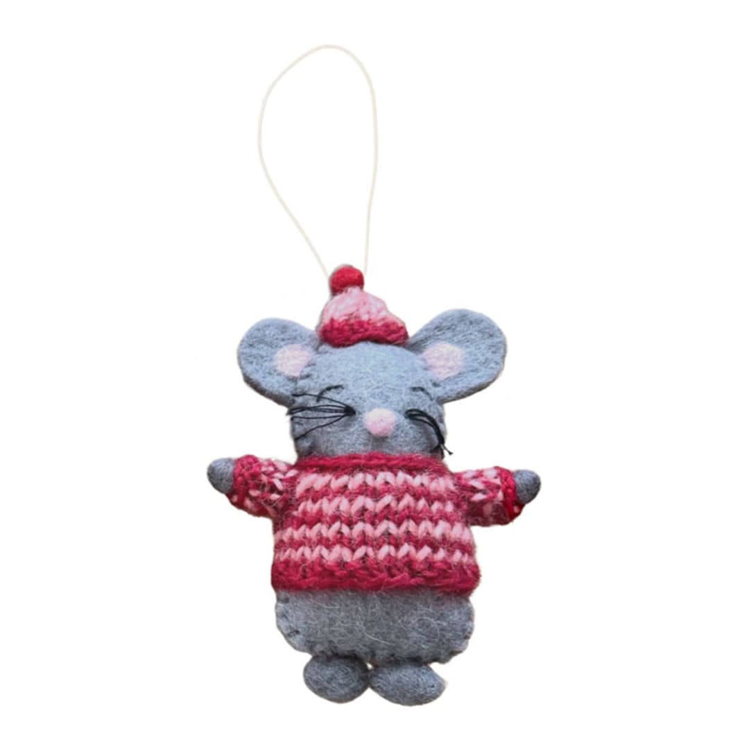"Felt Animals with Knit Sweater Ornaments-Mouse" - Ornaments in gray by Global Goods Partners