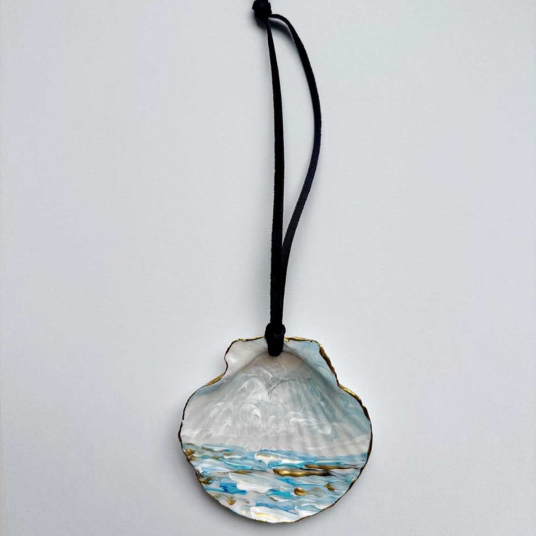 "Original Hand-Painted Natural Seashell Ornament, Aqua Blue, Gold & White" - Ornaments in blue by Nicoletta Savod