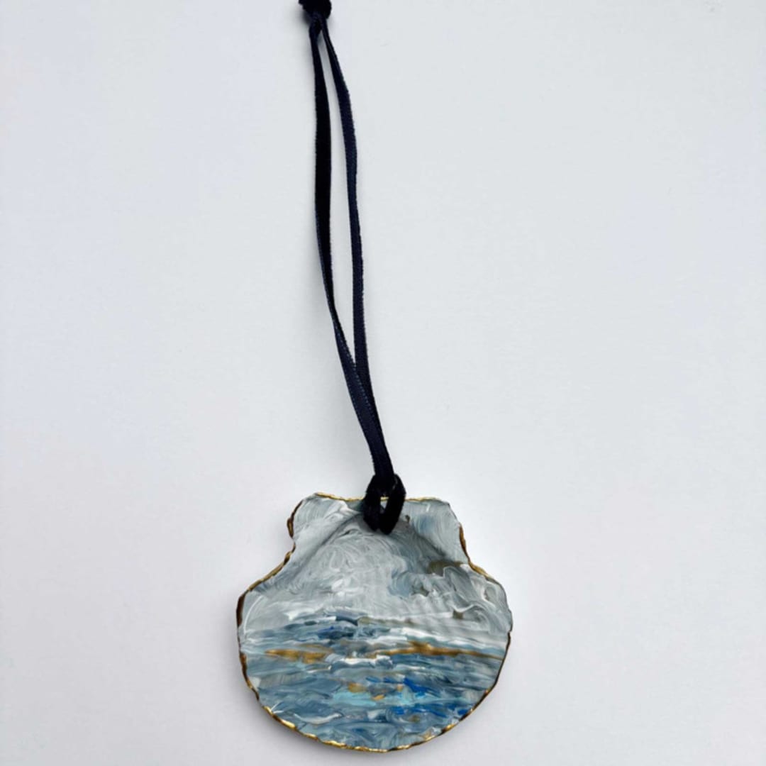 "Original Hand-Painted Natural Seashell Ornament, Blue, Gray & Gold" - Ornaments in blue by Nicoletta Savod