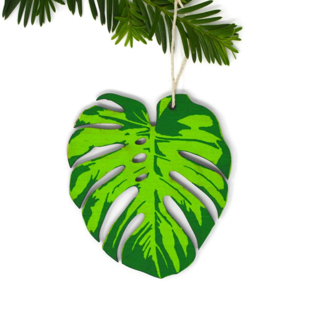 "Wood Silkscreen Monstera Leaf Ornament" - Ornaments in green by Shannon Broder