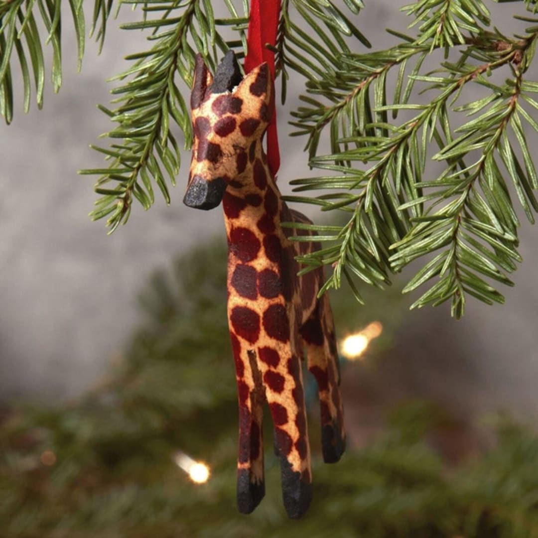 "Painted Wood Mini Giraffe Christmas Ornament" - Ornaments in brown by Aahlada Chennupati