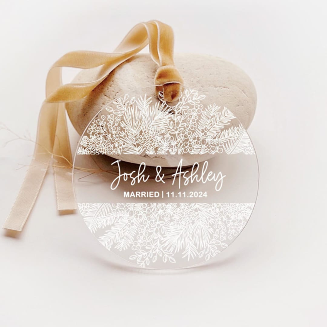 Personalized Acrylic White Botanical Married Ornament, Set of 1