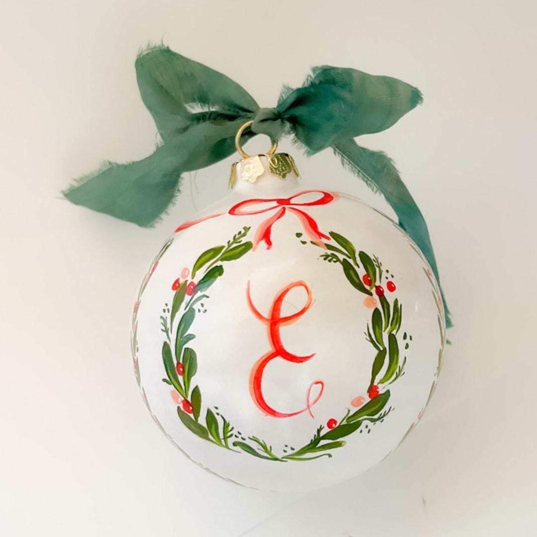 "Hand painted Botanical Wreath Customised Initial - Ceramic Ornament" - Ornaments in green by Lucrecia Caporale
