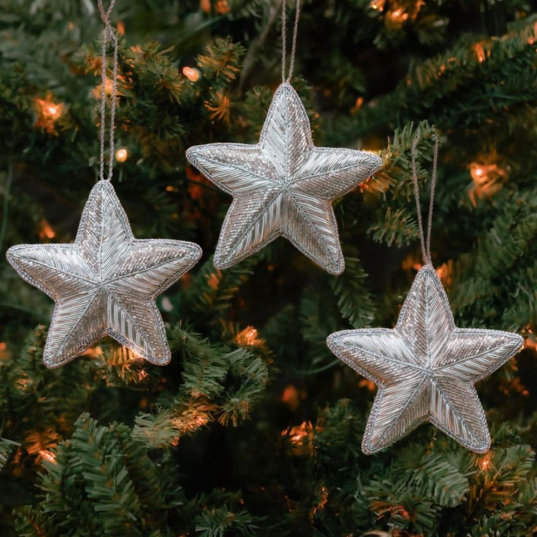 "Silver Zardozi Star Ornament Set" - Ornaments in white by Aahlada Chennupati