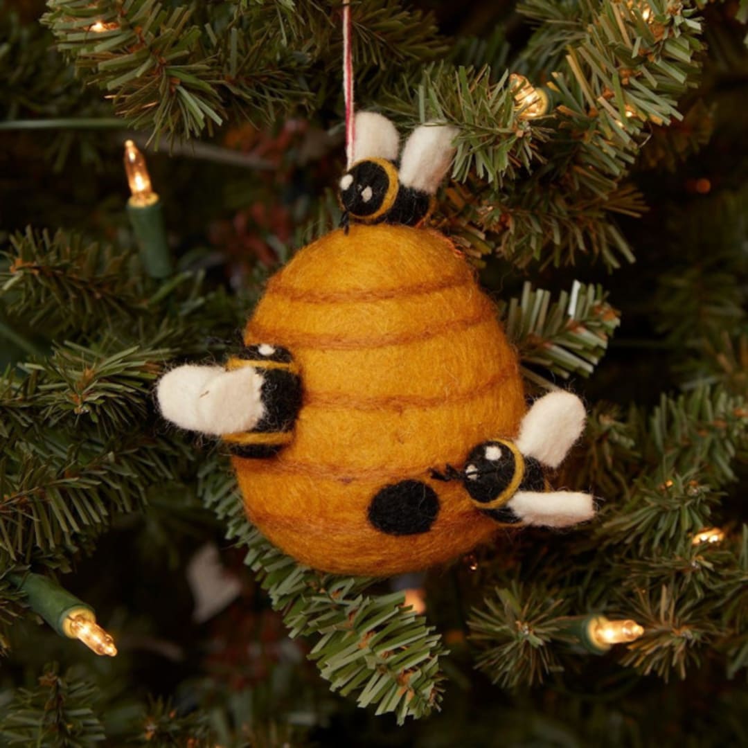 "Felt Bee Hive Ornament" - Ornaments in black by Aahlada Chennupati