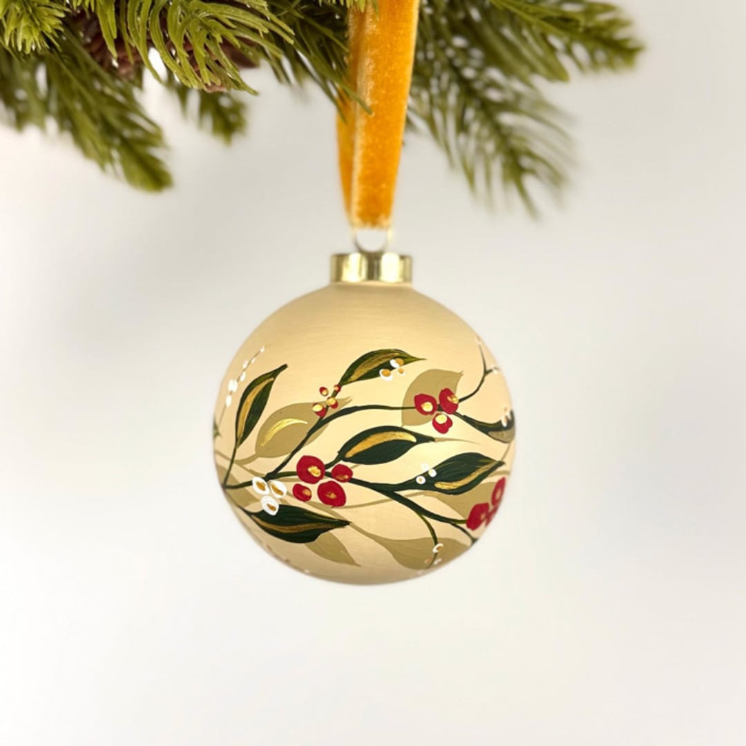 "Cream leaves and Berries - Large Round Ornament" - Ornaments in multicolorassorted-colors by Sara Swanson