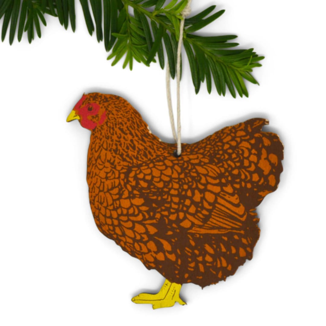 "Wooden Silkscreen Chicken Ornament" - Ornaments in brown by Shannon Broder