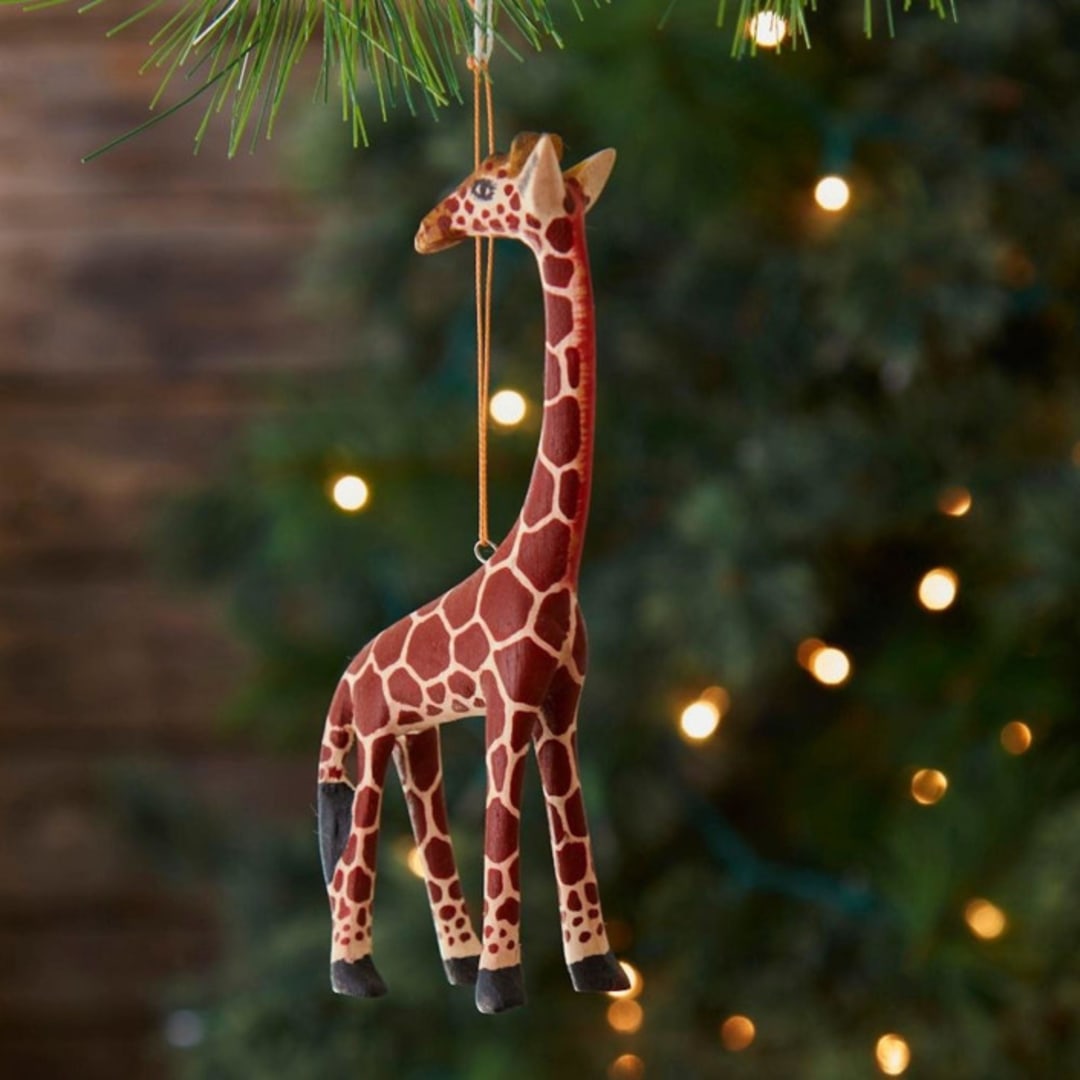 "Painted Wood Giraffe Christmas Ornament" - Ornaments in brown by Aahlada Chennupati