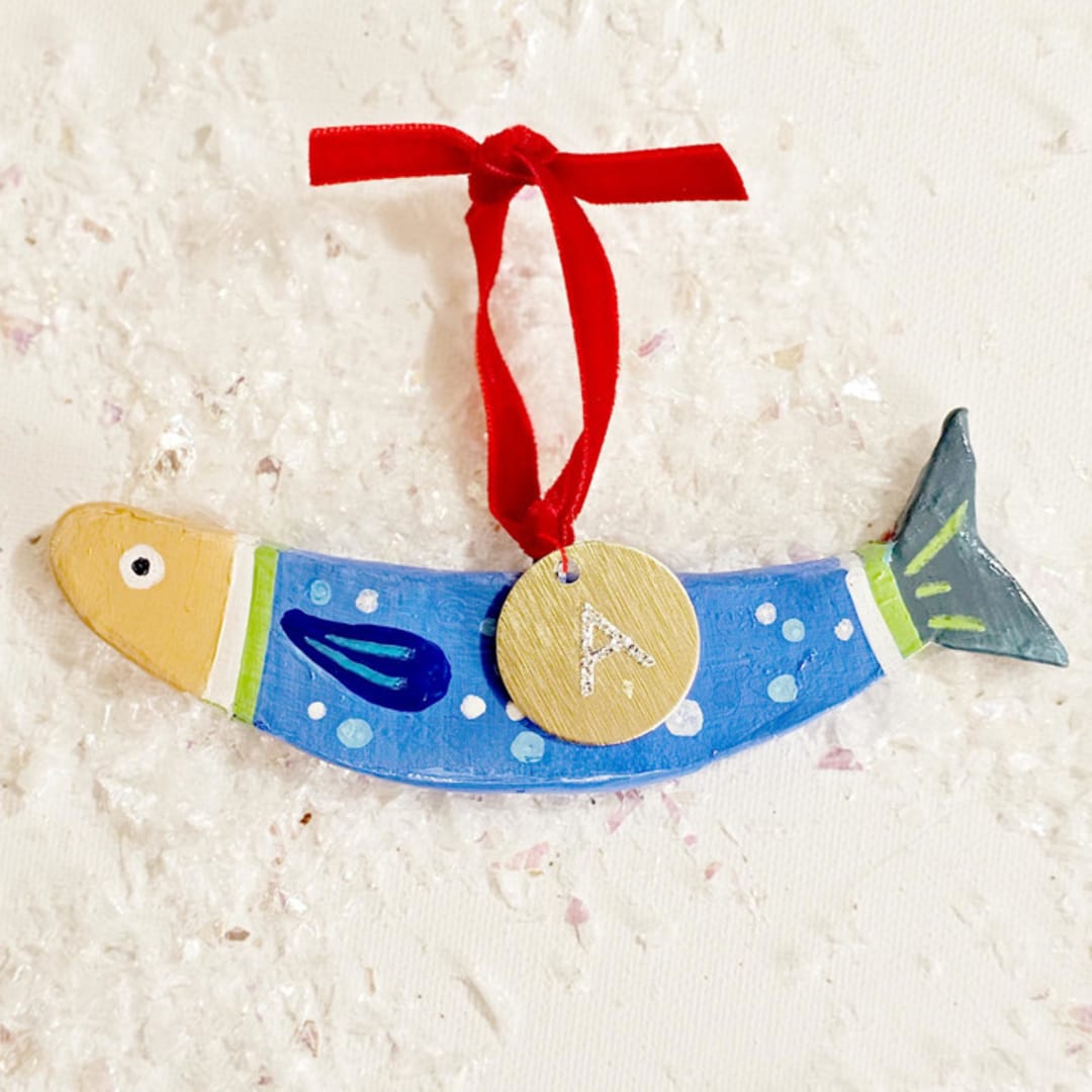 "Personalized, Hand-made Clay Blue Sardine Ornament" - Ornaments in green by AlisonJerry