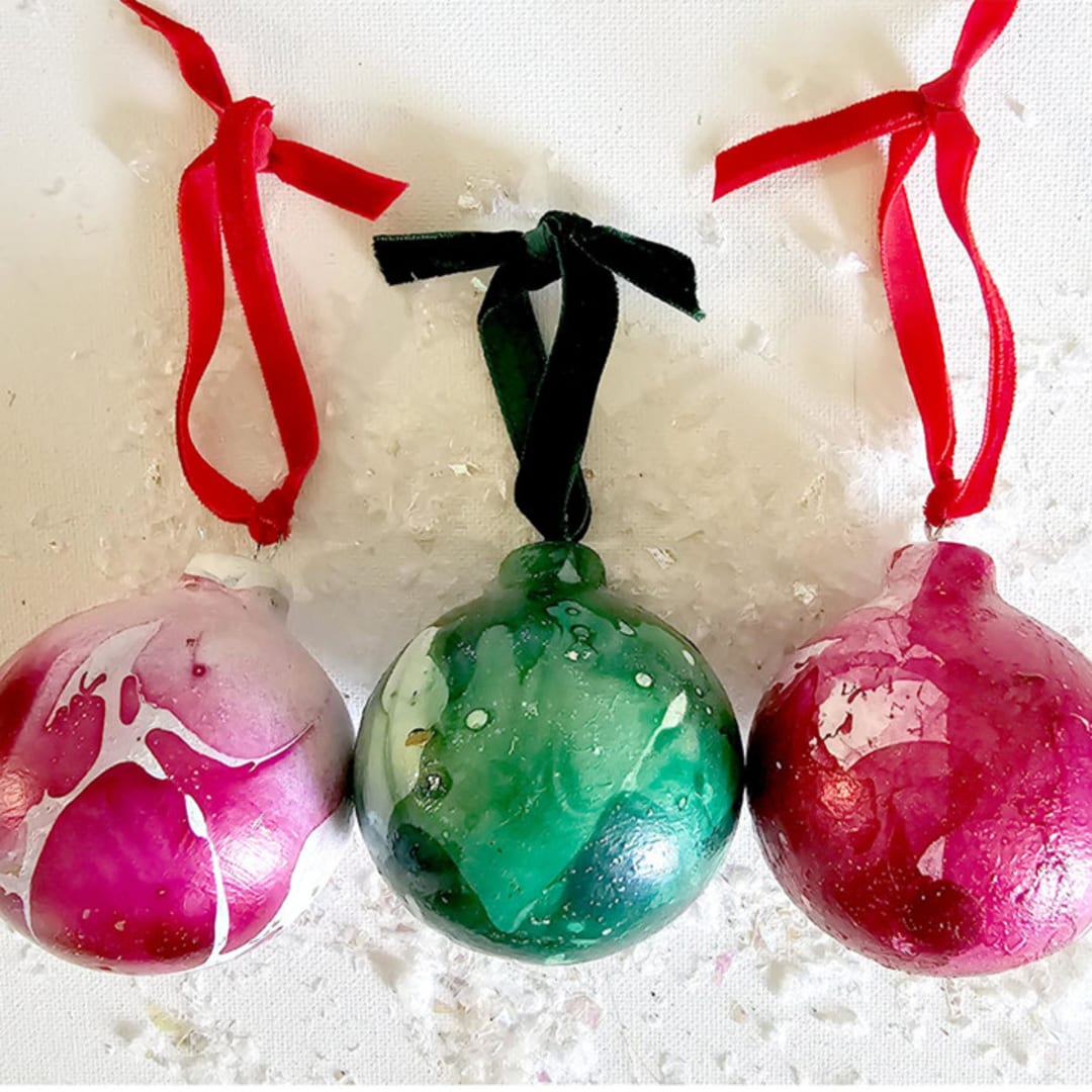 "3 Hand-dipped Marbleized  Ceramic Ornaments" - Ornaments in red by AlisonJerry