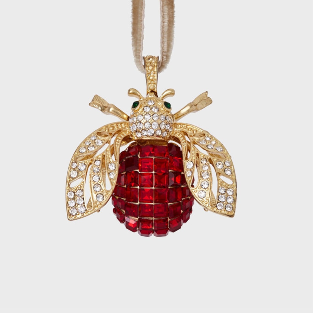 "Sparkle bee hanging ornament, ruby" - Ornaments in red by Joanna Buchanan