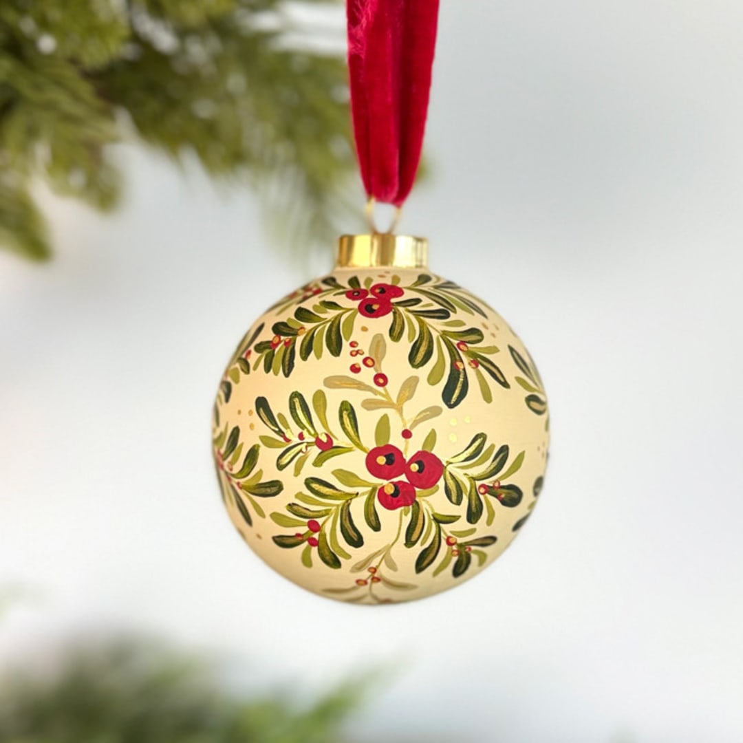 "Holiday Sprigs on Cream - Large Round Ornament" - Ornaments in multicolorassorted-colors by Sara Swanson
