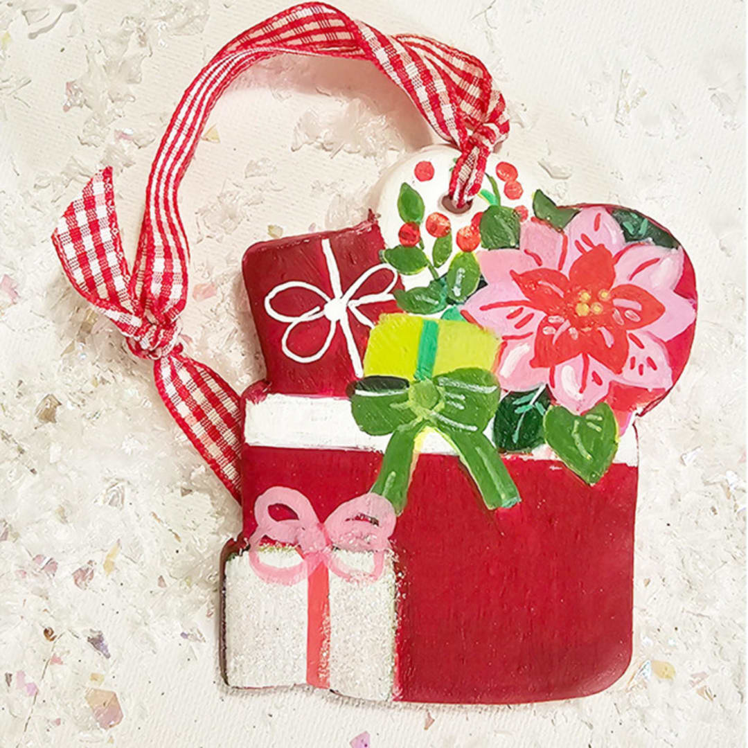 "Hand-made Clay Red Gift Bag Ornament" - Ornaments in red by AlisonJerry