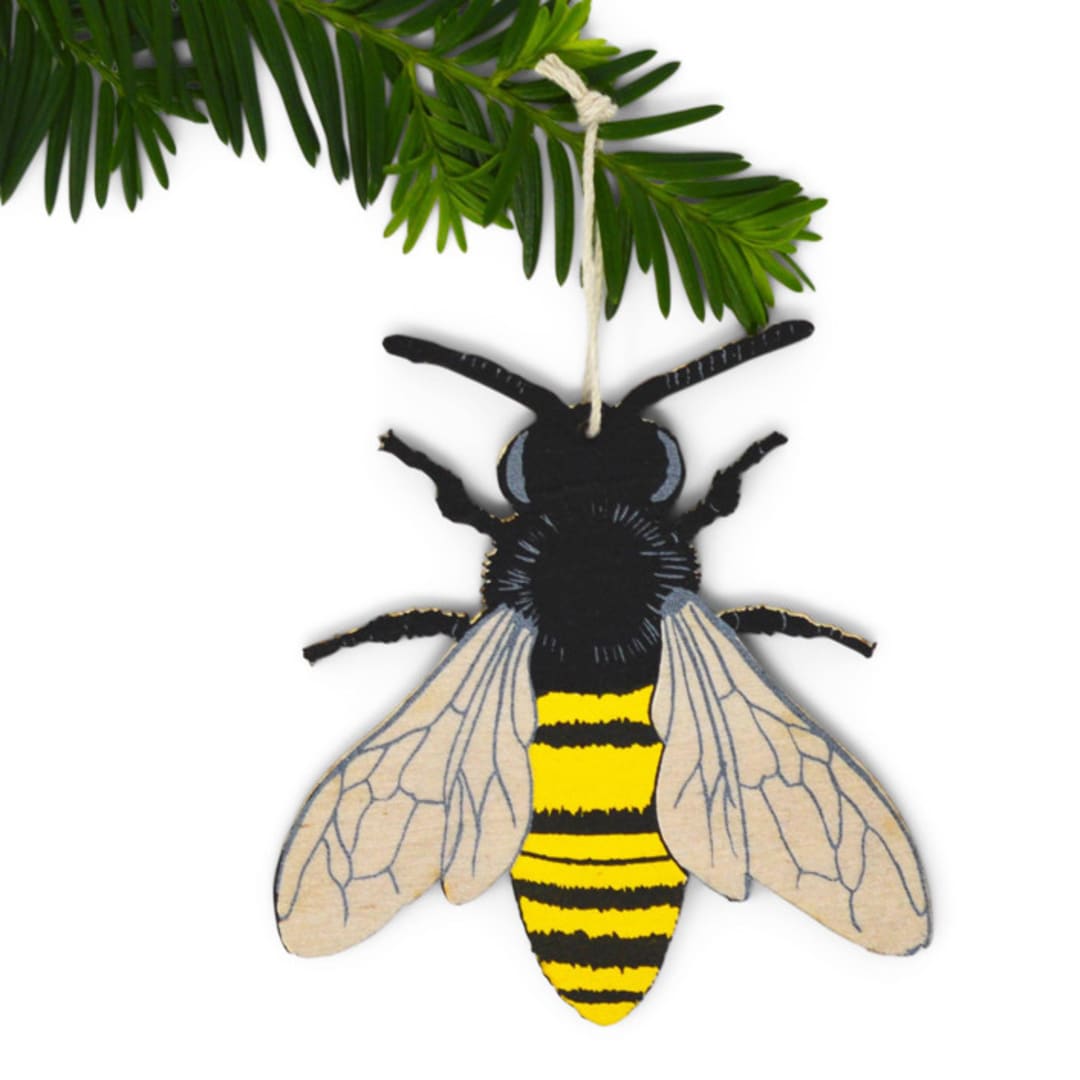 "Wooden Silkscreen Bee Ornament" - Ornaments in black by Shannon Broder